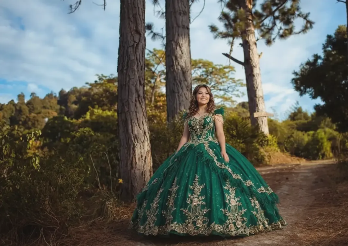 Quinceañera con vestido verde en el bosque de la Finca La María